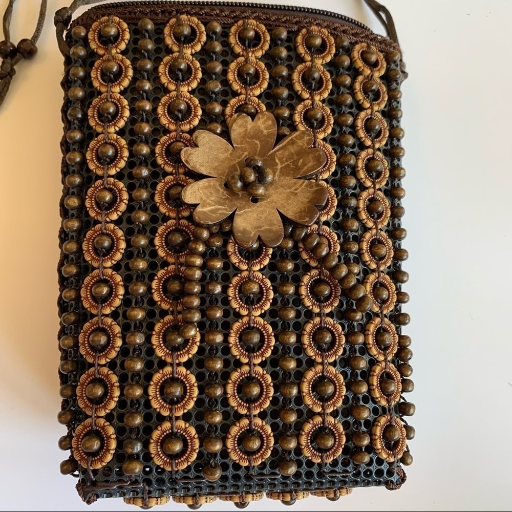 Handmade Wood Beaded Bag Floral Top Zip Mini Crossbody - Picture 5 of 15